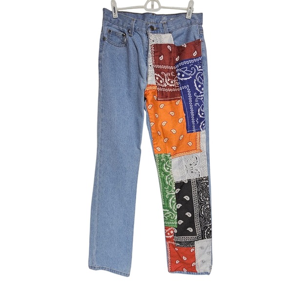 George Other - George Mens Unisex OOAK Bandana Patchwork Denim Jeans 29x30 Harvest Country Boho